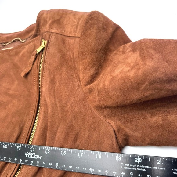 TALBOTS Women's 12 Brown Goat Suede Leather Asymmetrical Zip Pockets Moto Jacket - Picture 6 of 9